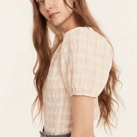 J.Crew V-back puff-sleeve top in textured plaid 10 - Picture 1 of 5